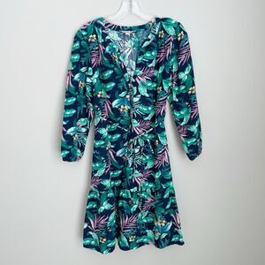 Loft Size M Tropical Print 3/4 Sleeve Linen Blend Waist Tie Dress